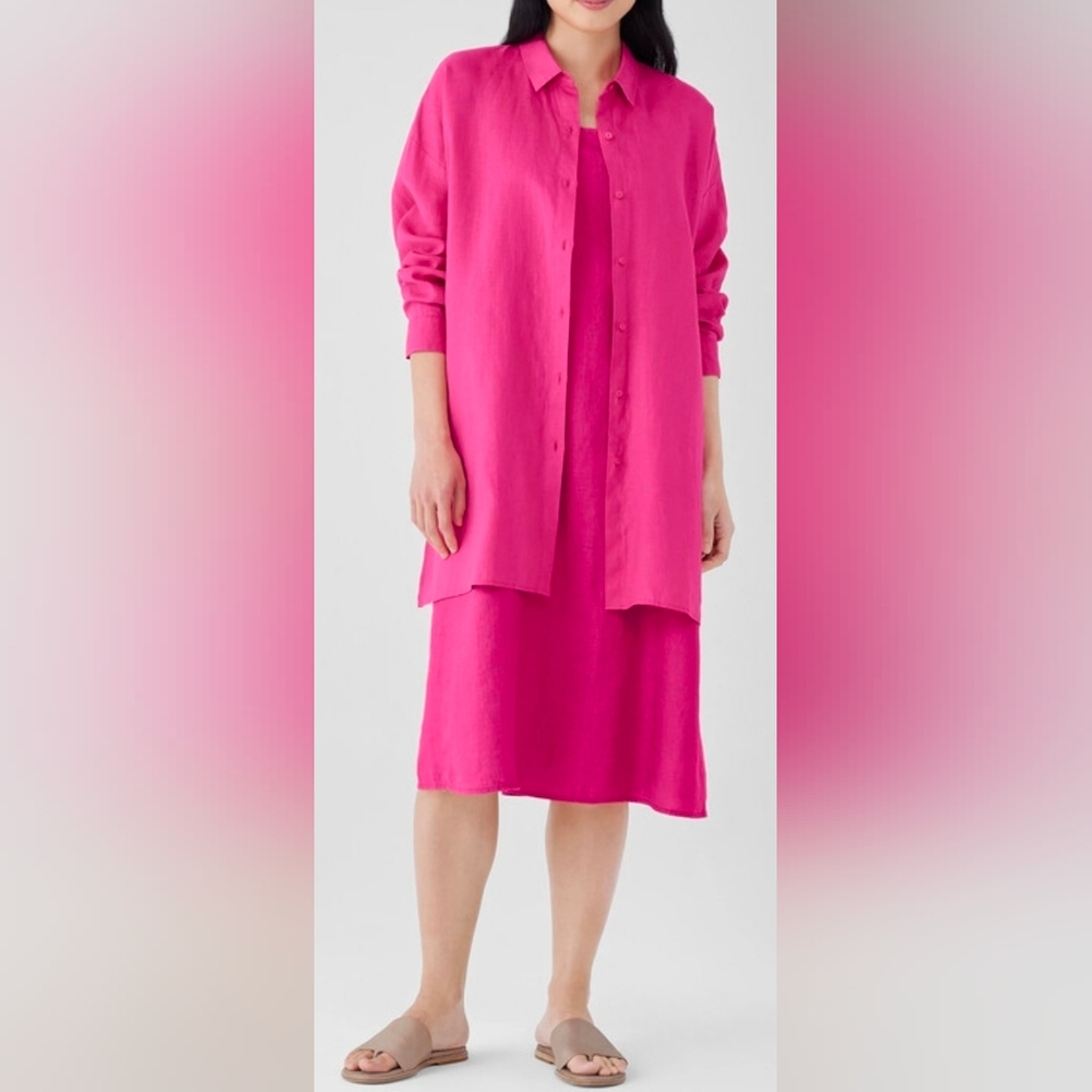 Eileen Fisher Bright Pink Linen Button-up Tunic, Size L